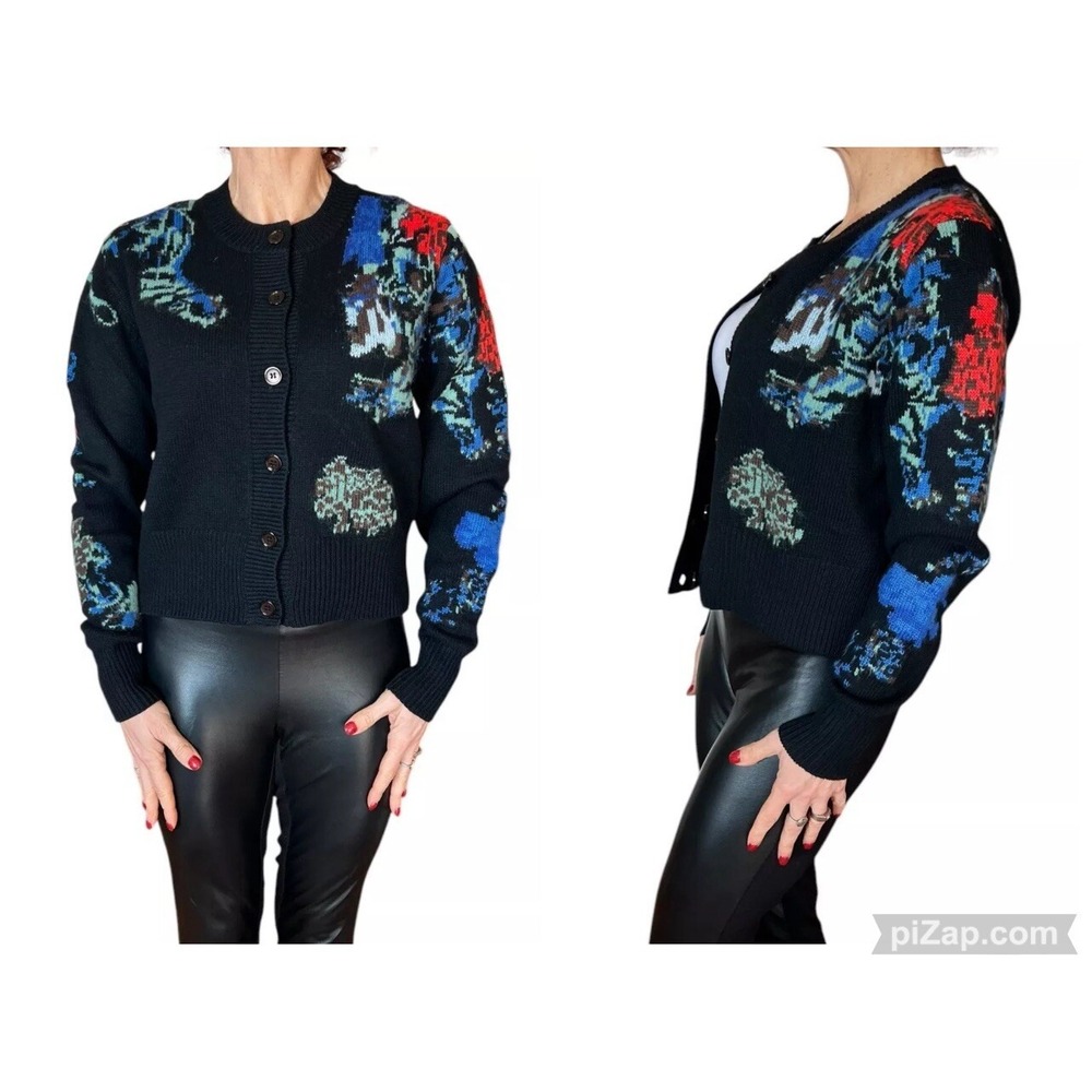 WOMENS VAARA BLACK MERINO WOOL KNIT  INTARSIA CARDIGAN SWEATER SMALL